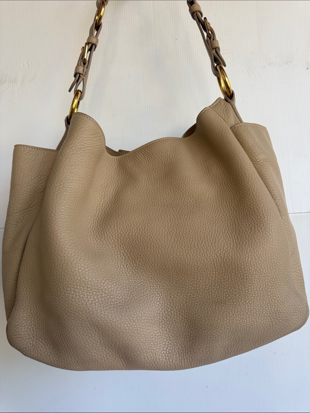 Prada Vitello Daino Leather Hobo Bag Camel Tan Pebbled Calf Skin Gold Hardware - Picture 11 of 17